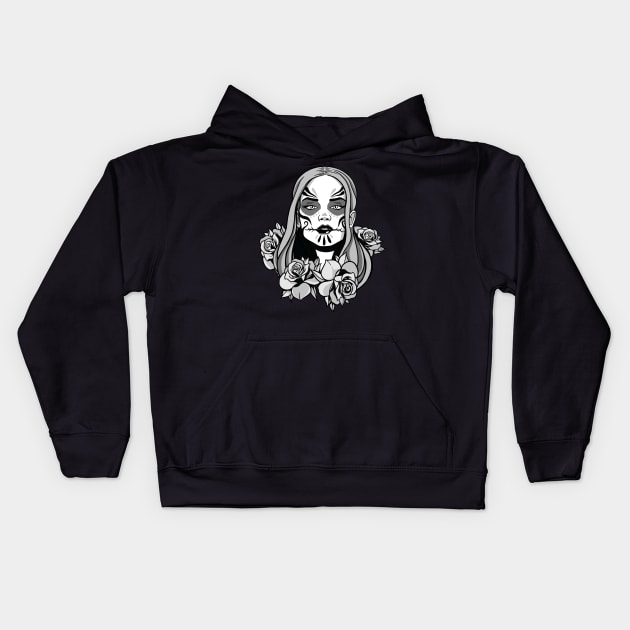 Sugar Skull Woman with Roses Black and White Kids Hoodie by Kali Space